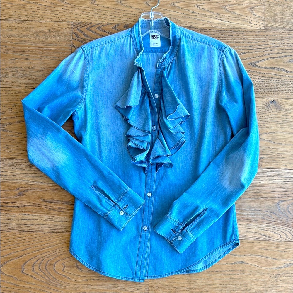NSF Blue Chambray Denim Blouse with Ruffles.  Size XS